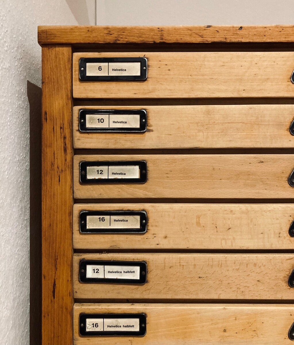The type case cabinet used to contain the sorts for “Helvetica” and “Helvetica halbfett”.   