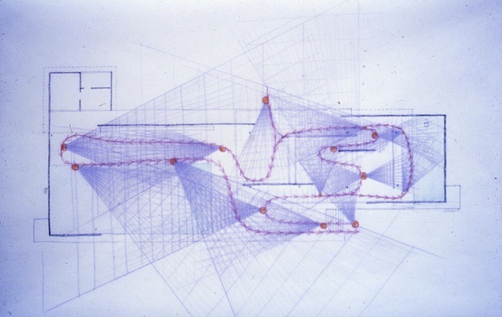 Sketch of Mies van der Rohe’s Barcelona Pavilion [discussed in section 7] by Paul Rudolph, indicating the various perspectives on the building of a visitor following a typical path. [1986. Library of Congress]   