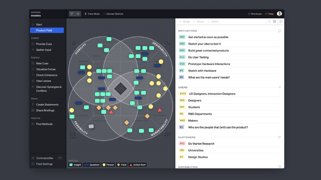 Field’s interface balances ease-of-use and omnipresent help with high-powered professional UI. ​Field’s UI is centered around the Product Field sense-making framework.   